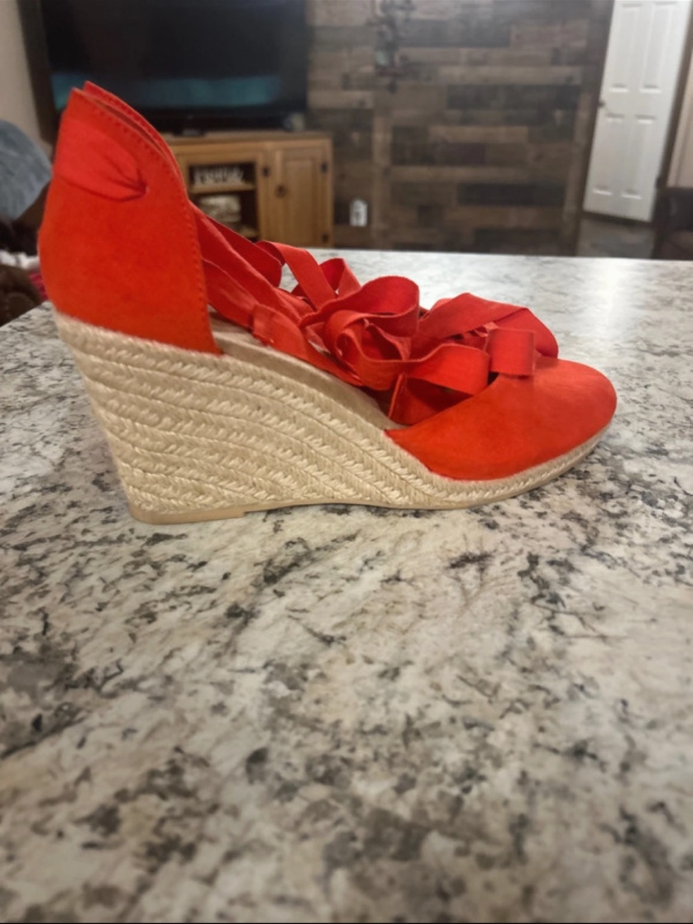 Women's Red Espadrille Wedge Sandals with Ribbon Ties